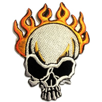 Totenkopf Flammen Biker - Aufnäher, Bügelbild, Aufbügler, Applikationen, Patches, Flicken, zum aufbügeln, Größe: 7.4 x 10 cm