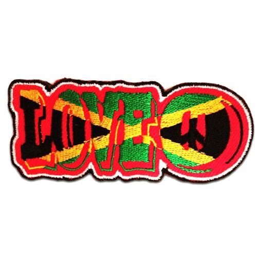 LOVE Reggae Hippie - Aufnäher, Bügelbild, Aufbügler, Applikationen, Patches, Flicken, zum aufbügeln, Größe: 9,5 x 4 cm