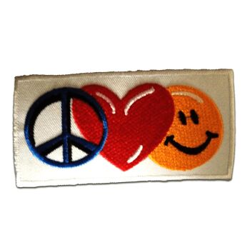 Peace Love Happiness - Patchs, Transferts thermocollants, Patchs thermocollants, Appliques, Patchs, Patchs thermocollants, Taille : 9,3 x 4,3 cm