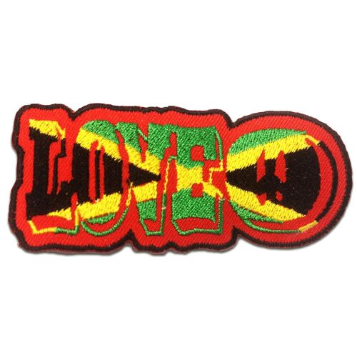 LOVE Reggae Peace Frieden - Aufnäher, Bügelbild, Aufbügler, Applikationen, Patches, Flicken, zum aufbügeln, Größe: 9,6 x 4 cm