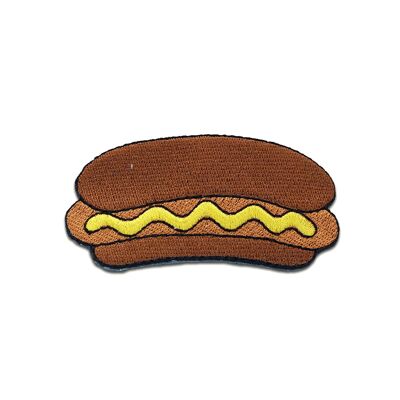 Hot Dog mit Senf Essen Fast Food - Aufnäher, Bügelbild, Aufbügler, Applikationen, Patches, Flicken, zum aufbügeln, Größe: 7,9 x 4 cm