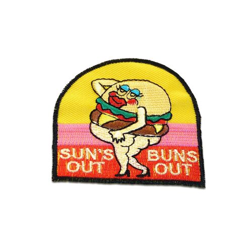 Suns out buns out Burger Sommer - Aufnäher, Bügelbild, Aufbügler, Applikationen, Patches, Flicken, zum aufbügeln, Größe: 6,8 x 7 cm