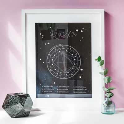 Astrologia Natal Grafico di nascita Stampa | Regalo zodiacale monocromatico A3 personalizzato - Ossidiana - + cornice bianca con montatura