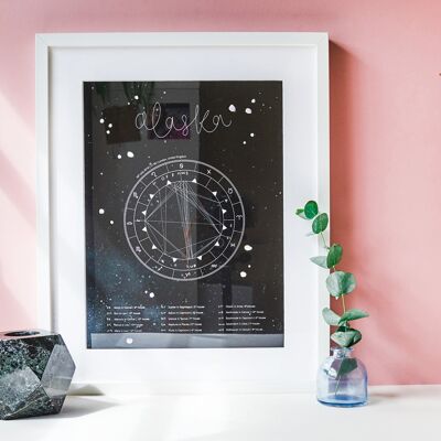 Astrologia Natal Grafico di nascita Stampa | Regalo zodiacale personalizzato A3, pastello - ossidiana - + cornice bianca con montatura