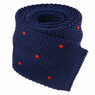 Cravate tricot en soie bleue à pois orange