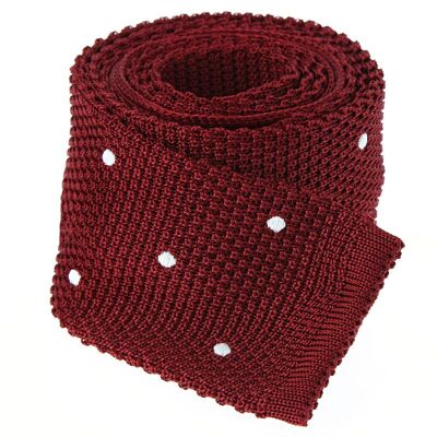 Cravate tricot en soie rouge grenat à pois blancs