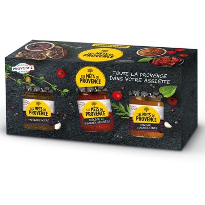 Coffret apéritif, tapenade noire, délice de tomates séchées et caviar d'aubergine.