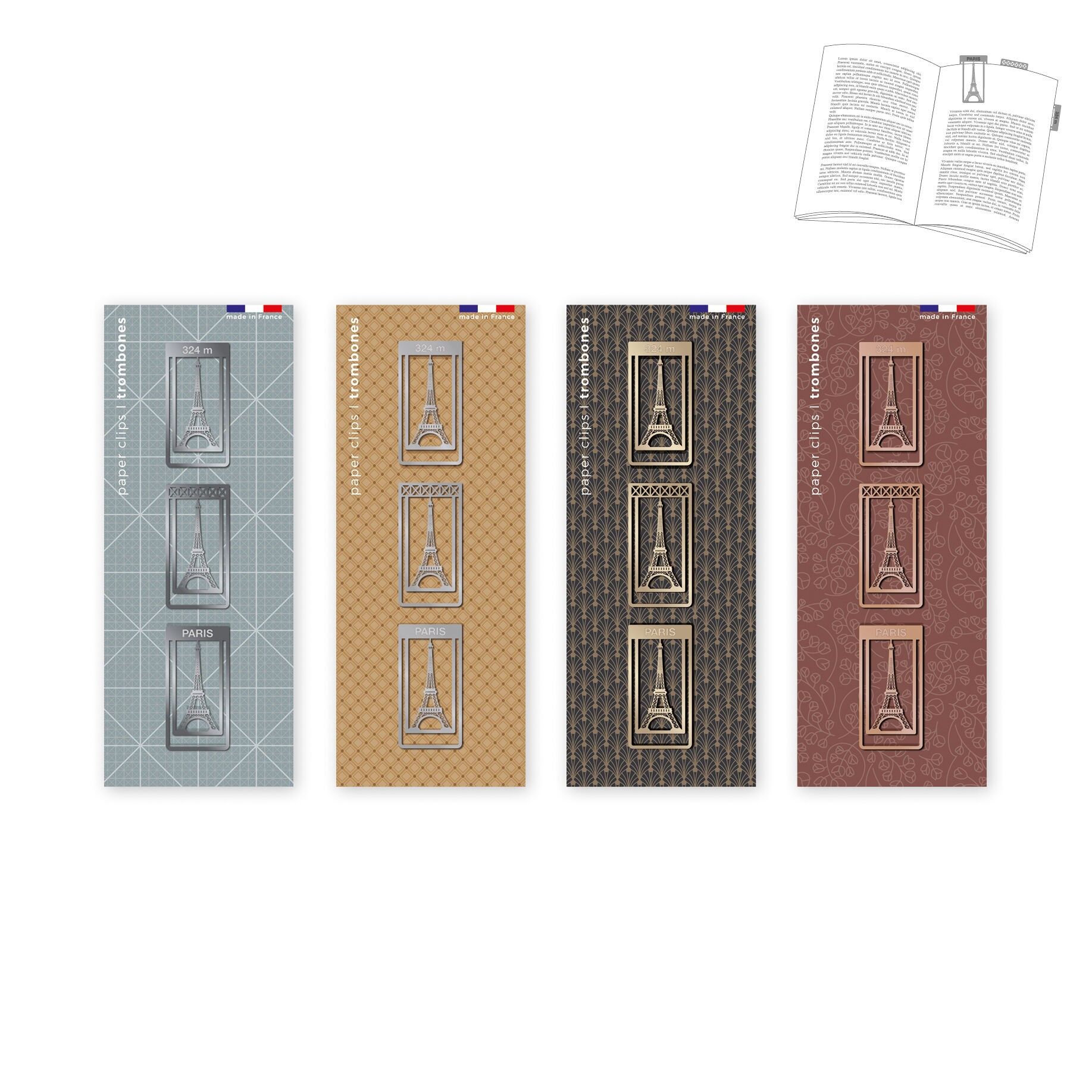 Assortimento di 12 set di 3 segnalibri con clip in metallo - Parigi