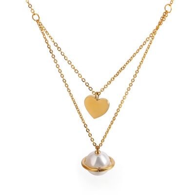 Lee Cooper women's necklace - double chain, heart pendant and silver pearl