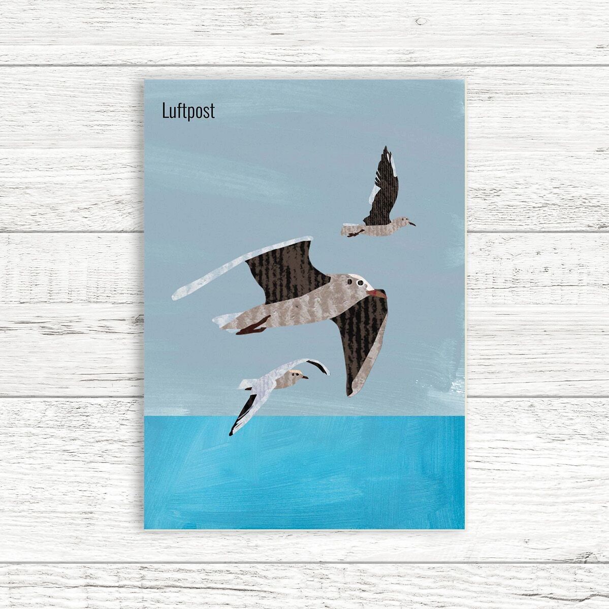 Cartolina in pasta di legno in cartone - mare - gabbiani