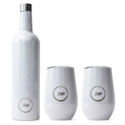 Gift Set | Insulated Wine Bottle and 2 x Wine Tumblers | Iridescent White