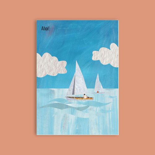Postkarte Holzschliffpappe - Meer - 2 Segelboote
