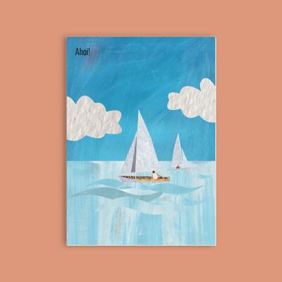 Cartolina in pasta di legno in cartone - mare - 2 barche a vela
