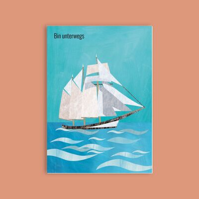 Postkarte Holzschliffpappe - Meer -  Schiff
