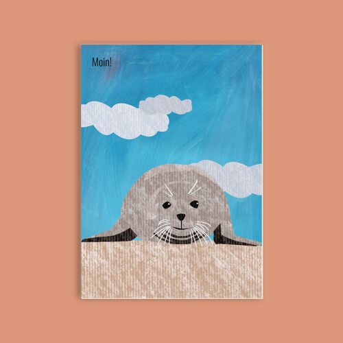 Postkarte Holzschliffpappe - Meer - Robbe