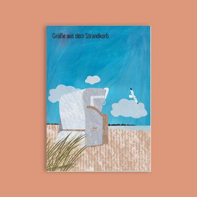 Postkarte Holzschliffpappe - Meer - Strandkorb
