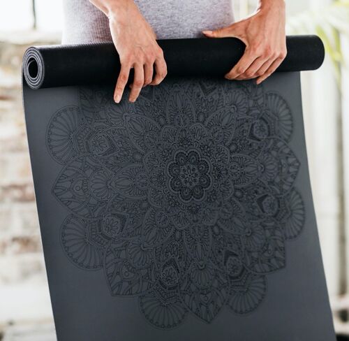 Yoga mat natural rubber - grey mandala