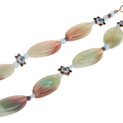 Halskette consisting of Faceted glass, Freshwater pearls, Brass, Hammer Shell (crack formation) / 76cm