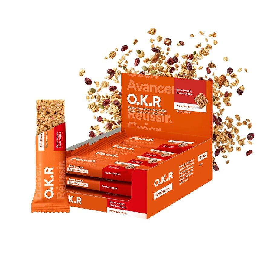 Vegan protein bar with cereals. Red berries.