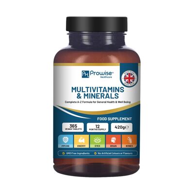 Multivitaminici e minerali A-Z - 365 Compresse multivitaminiche vegane - Fornitura per 1 anno - Compresse multivitaminiche per uomini e donne con 26 vitamine e minerali essenziali/attivi - Prodotto nel Regno Unito da Prowise