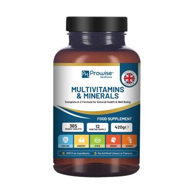 A-Z Multivitamines et minéraux - 365 comprimés multivitamines végétaliens - 1 an d'approvisionnement - Comprimés multivitamines pour hommes et femmes avec 26 vitamines et minéraux essentiels/actifs - Fabriqué au Royaume-Uni par Prowise
