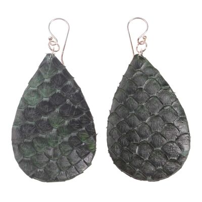 Python Leder Ohrringe,925 Sterling Silver,Dark Green,Teardrop 53x3mm