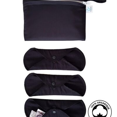 Set of 3 panty liners in organic cotton flannel + waterproof pouch - All Black - Mini