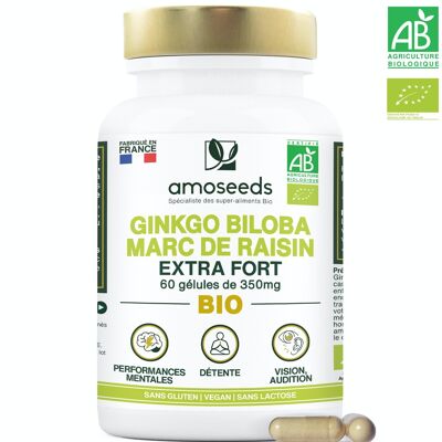 Ginkgo biloba orgánico y orujo de uva, extra fuerte | 60 cápsulas de 350mg