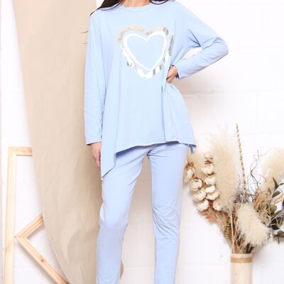 Conjunto de ropa de casa de manga larga con diseño de corazón azul