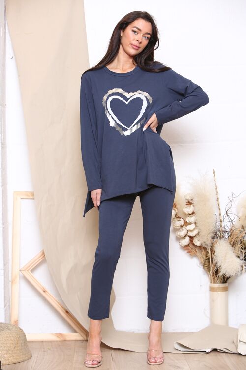 Navy Blue heart design long sleeve loungewear set