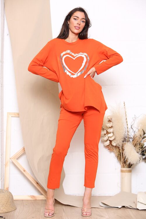Orange heart design long sleeve loungewear set