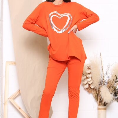 Orangefarbenes, langärmliges Loungewear-Set mit Herzdesign