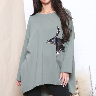 Khaki oversize t-shirt with star sequins logo