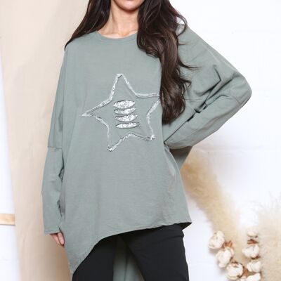 T-shirt kaki avec logo étoile argentée à sequins
