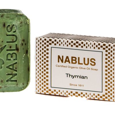 Nablus Soap sapone all'olio d'oliva biologico al timo, a base di olio d'oliva biologico all'80%, senza olio di palma, vegano, per tutti i tipi di pelle, 100 g