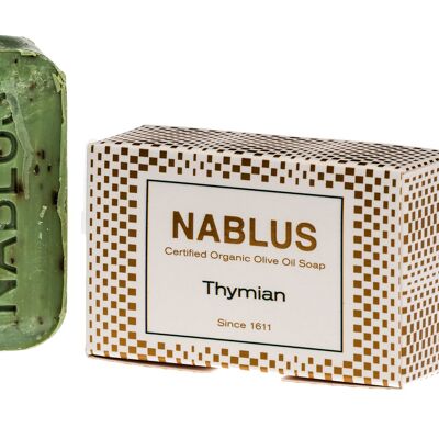 Nablus Soap sapone all'olio d'oliva biologico al timo, a base di olio d'oliva biologico all'80%, senza olio di palma, vegano, per tutti i tipi di pelle, 100 g