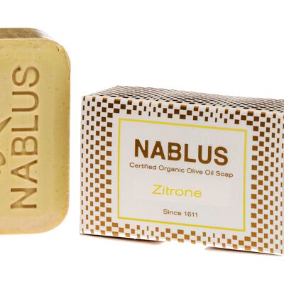 Nablus Soap Bio-Olivenölseife Zitrone, PALMÖLFREI, VEGAN, unparfümiert & rückfettend, für alle Hauttypen geeignet, 100g