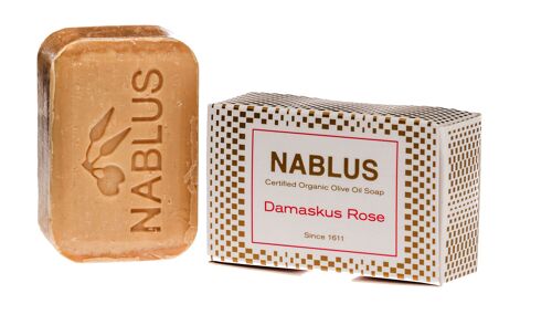 Nablus Soap Bio-Olivenölseife Damaskus Rose, PALMÖLFREI, VEGAN, unparfümiert & rückfettend, für alle Hauttypen geeignet, 100g
