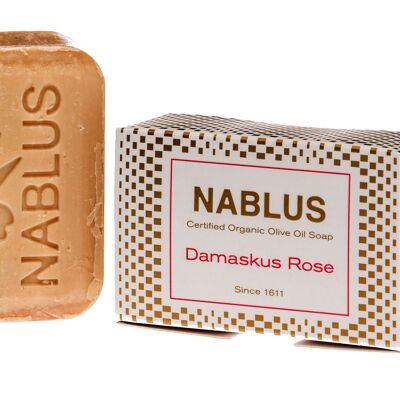 Nablus Soap sapone biologico all'olio d'oliva alla rosa di Damasco, SENZA OLIO DI PALMA, VEGANO, inodore e idratante, adatto a tutti i tipi di pelle, 100 g