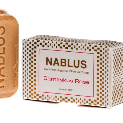Nablus Soap sapone biologico all'olio d'oliva alla rosa di Damasco, SENZA OLIO DI PALMA, VEGANO, inodore e idratante, adatto a tutti i tipi di pelle, 100 g