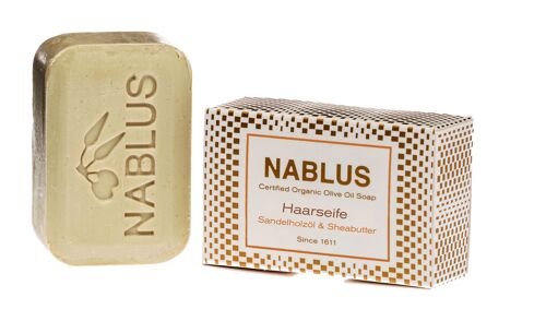 Nablus Soap Haarseife, Sandelholzöl & Sheabutter, biozertifizierte Olivenölseife für die Haare, auch als Bartseife ideal, PALMÖLFREI, parfümfrei, 100g