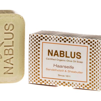 Nablus Soap Haarseife, Sandelholzöl & Sheabutter, biozertifizierte Olivenölseife für die Haare, auch als Bartseife ideal, PALMÖLFREI, parfümfrei, 100g
