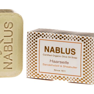 Nablus Soap sapone per capelli, olio di sandalo e burro di karitè, sapone per capelli certificato biologico all'olio d'oliva, ideale anche come sapone da barba, SENZA OLIO DI PALMA, senza profumo, 100g