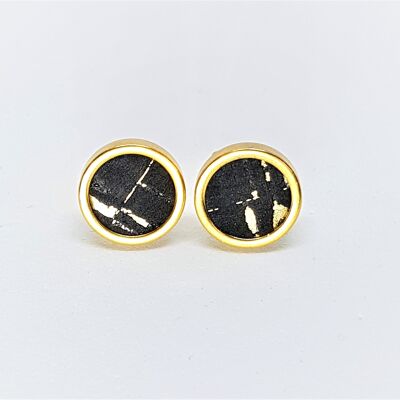Ear studs stainless steel - black cork with golden inclusions - size 8mm 10mm 12mm
