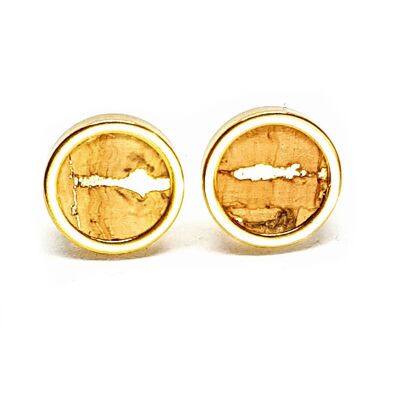 Clous d'oreilles acier inoxydable - liège naturel avec inclusions d'or - taille 8mm 10mm 12mm