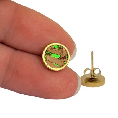 Ear studs stainless steel - natural cork NEON Green with inclusions - size 8mm 10mm 12mm