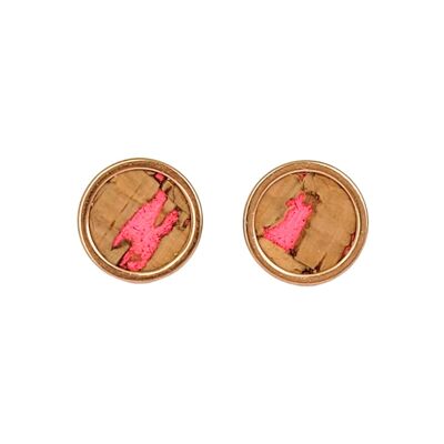 Ear studs stainless steel - natural cork NEON pink with inclusions - size 8mm 10mm 12mm