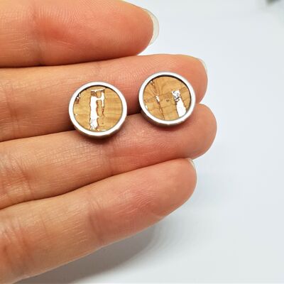 Ear studs stainless steel - natural cork with silver inclusions - size 8mm 10mm 12mm