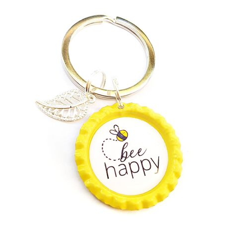 Schlüsselanhänger im Kronkorken - Spruch Bee Happy und Anhänger silber