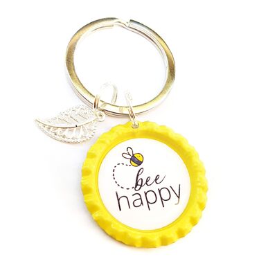 Porte-clés dans un bouchon de bouteille - disant Bee Happy et pendentif en argent